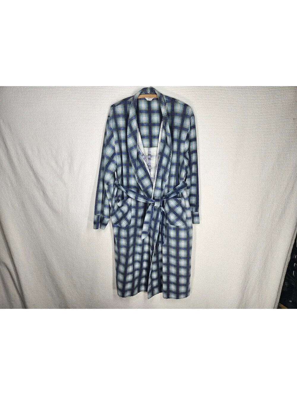 Vintage 1960s Men's Robe wSash XL Windowpane Plaid Flannel 100% Cotton Retro